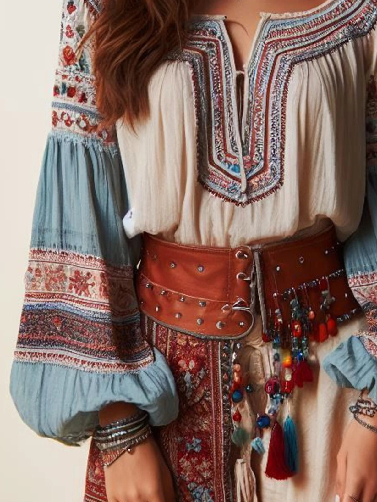 Lantern Sleeves Boho Blouse With Floral Pattern, Drawstring and O Neck Hollow Patterned