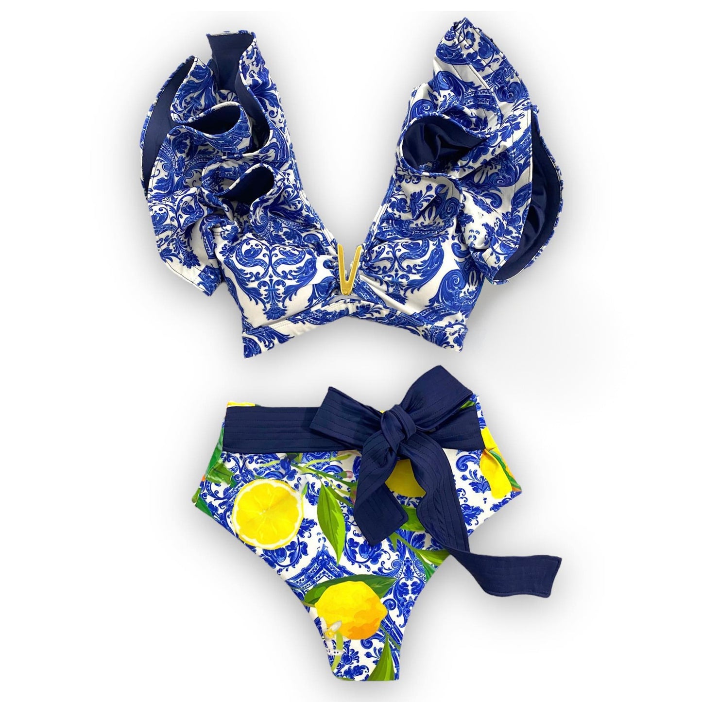 Boho Two-Pieces Women Ruffled Floral Bikini Set, High-Waisted with a Push-Up Padded Bra