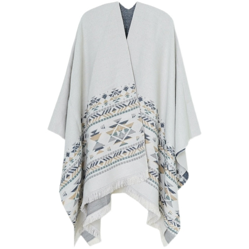 Winter Gypsy/Boho Floral Knitted Poncho Cape with Vintage Aztec Stripe