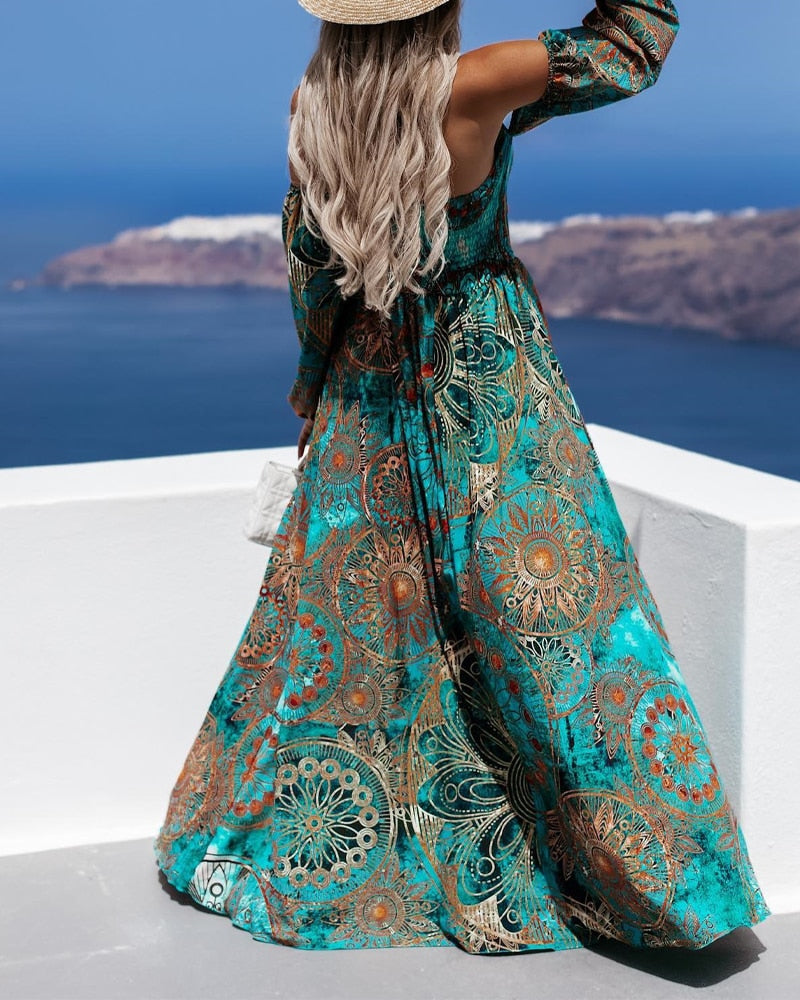 B. Boho Style Tribal Print Off Shoulder Corset Style Vacation Maxi Dress with Long Sleeves and Side Split