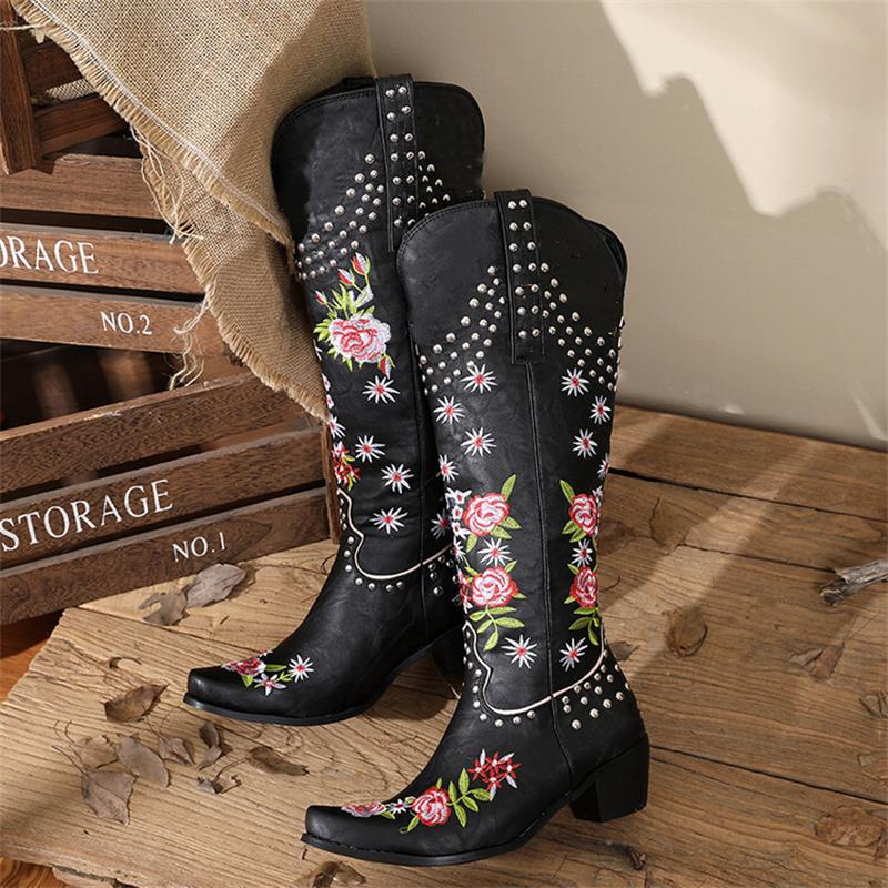 Women's Western Mid-Calf Boots with Retro Floral Embroidered Rivets and Multi-colours with Pointed Toe