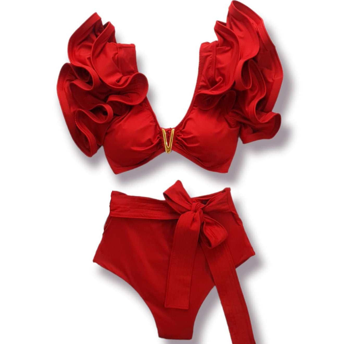 Boho Two-Pieces Women Ruffled Floral Bikini Set, High-Waisted with a Push-Up Padded Bra