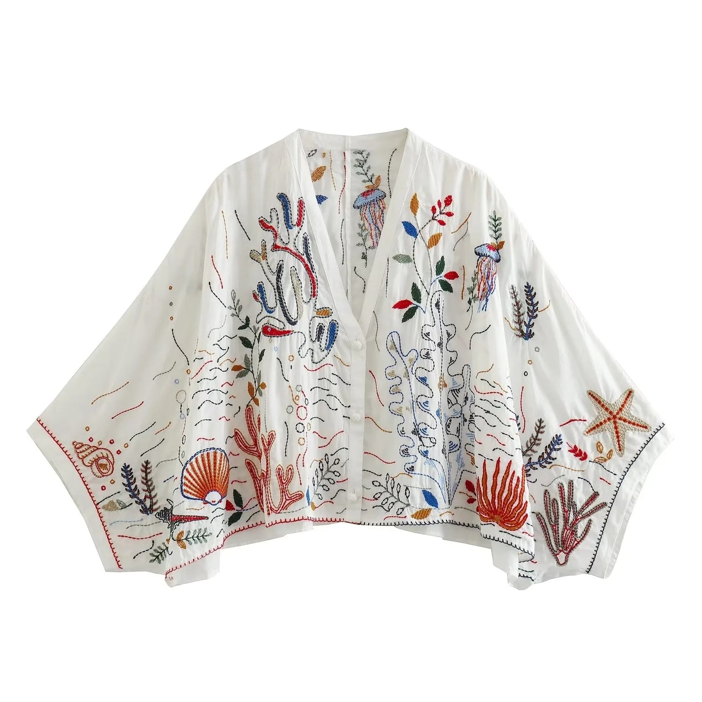 Gypsy Embroidered Paisley Printed Skirt and Blouse Sets with Batwing Sleeve and V-Neck Button Tiered Mini Skirt