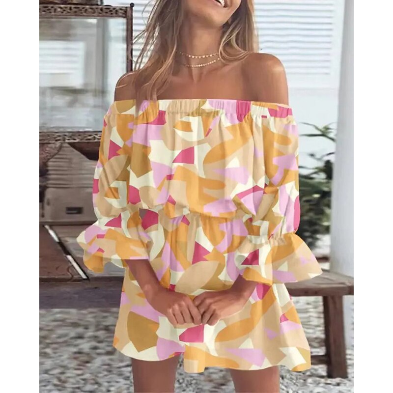 Boho Off The Shoulder Floral, Lace-Up Tunic Style Dress with Flare Batwing Sleeve