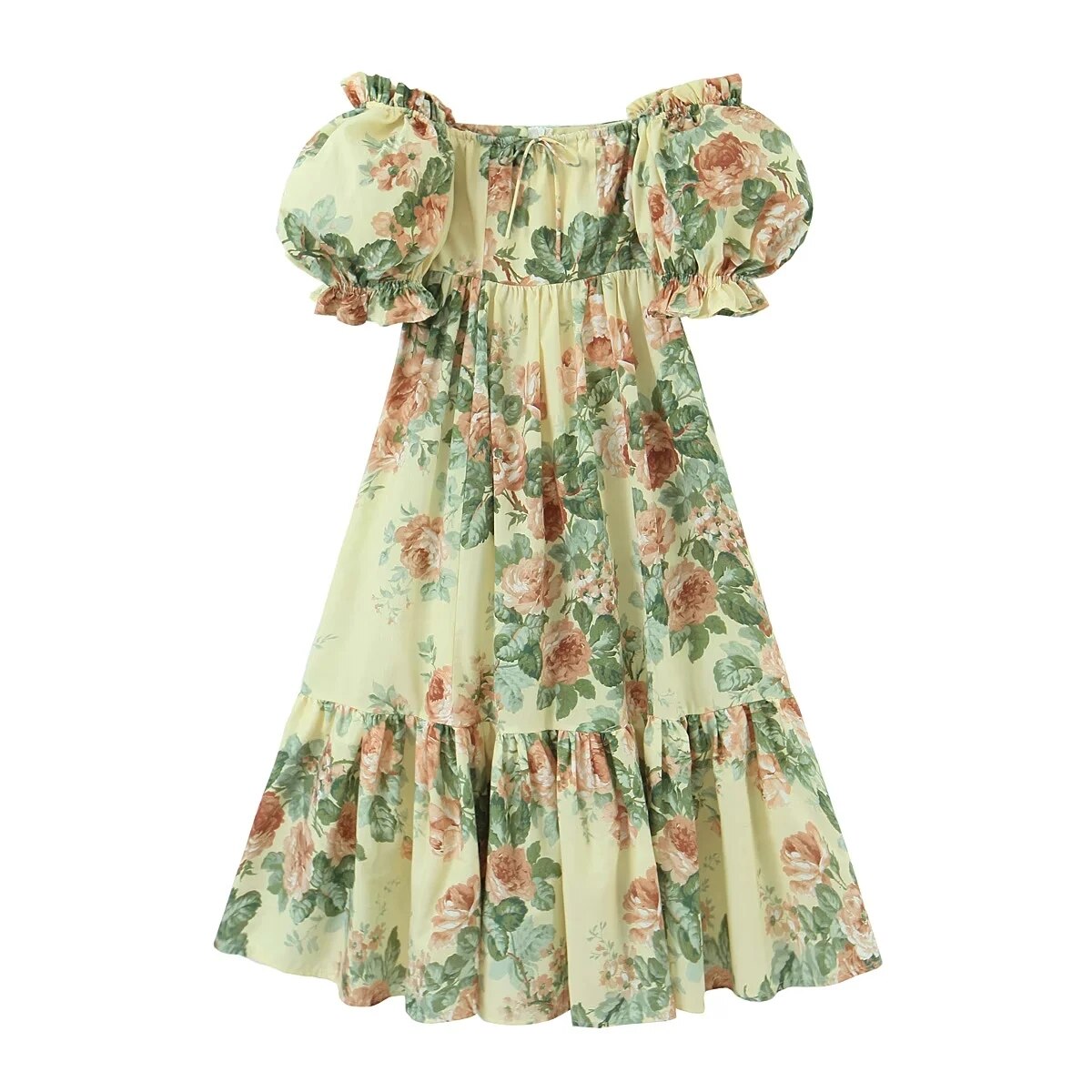 Bohemian Floral Printed Maxi Dress with Off The Shoulder Puff Sleeves and Tiered Ruffles