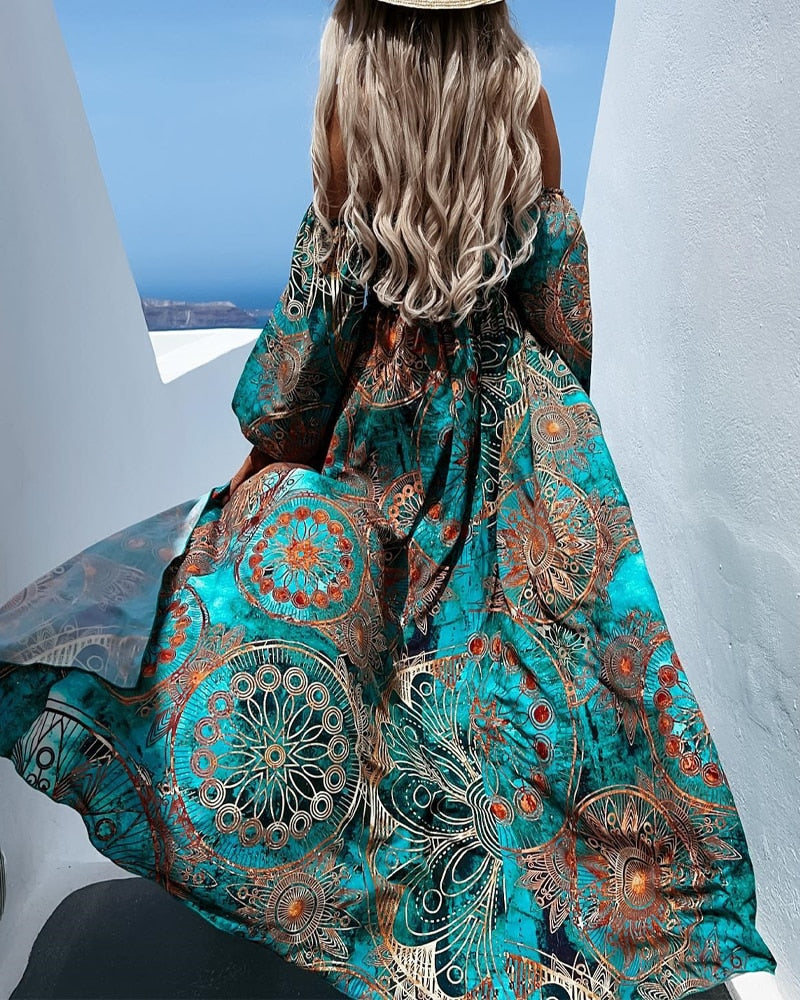 B. Boho Style Tribal Print Off Shoulder Corset Style Vacation Maxi Dress with Long Sleeves and Side Split