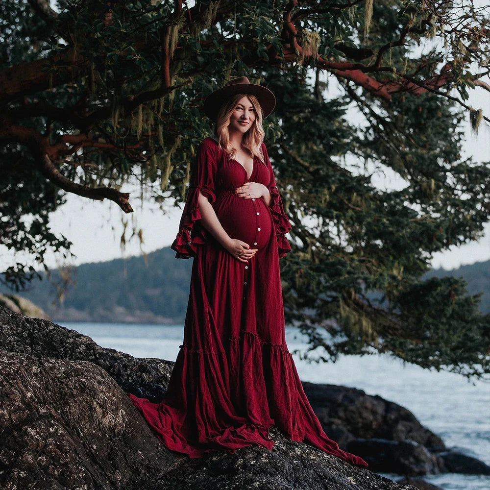A. Linen Cotton Floor Mopping Bohemian Maternity Dress With Hem Flounce Edges. Photography or Baby Shower Dress