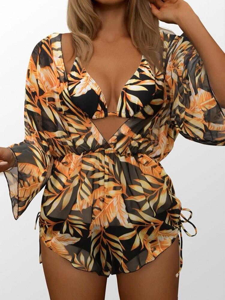 Women's 3 Piece Triangle Bikini Swimsuit Set, Halter Push Up Top and Long Sleeve Cover Up Dress with Thong Bottoms