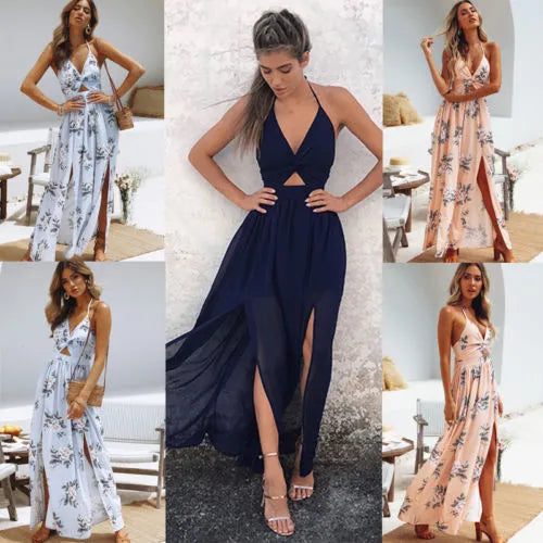 Bohemian Floral Sleeveless Summer Maxi Dress with Split and Halter Tie-Up