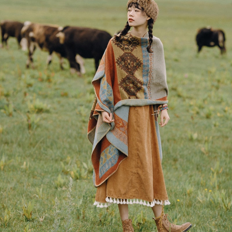 Winter Gypsy/ Boho Vintage Knitted Floral Poncho
