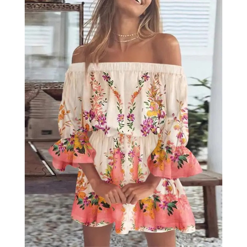 Boho Off The Shoulder Floral, Lace-Up Tunic Style Dress with Flare Batwing Sleeve