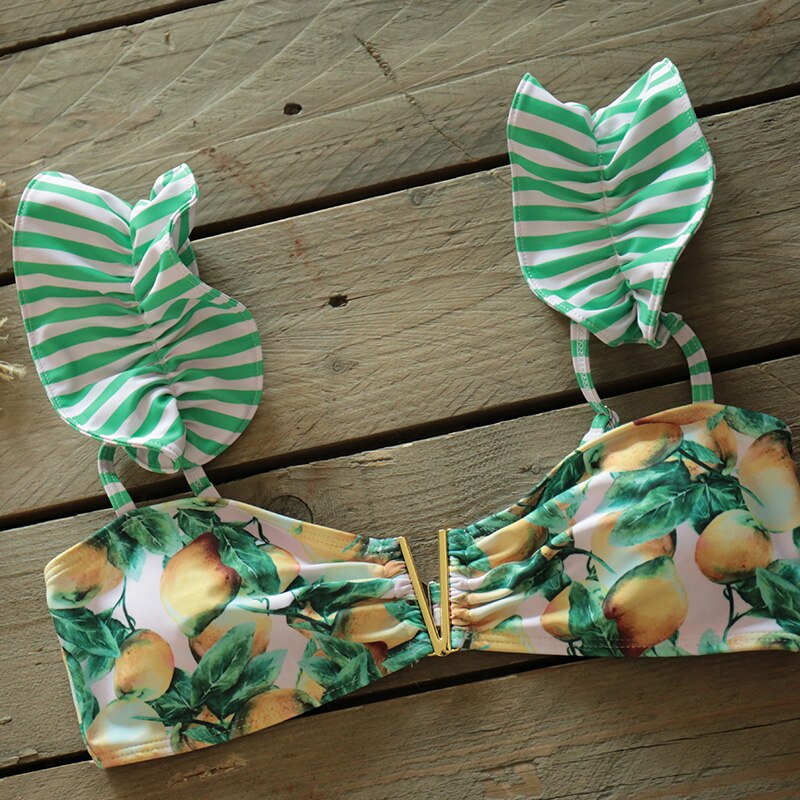 Boho Two-Pieces Women Ruffled Floral Bikini Set, High-Waisted with a Push-Up Padded Bra