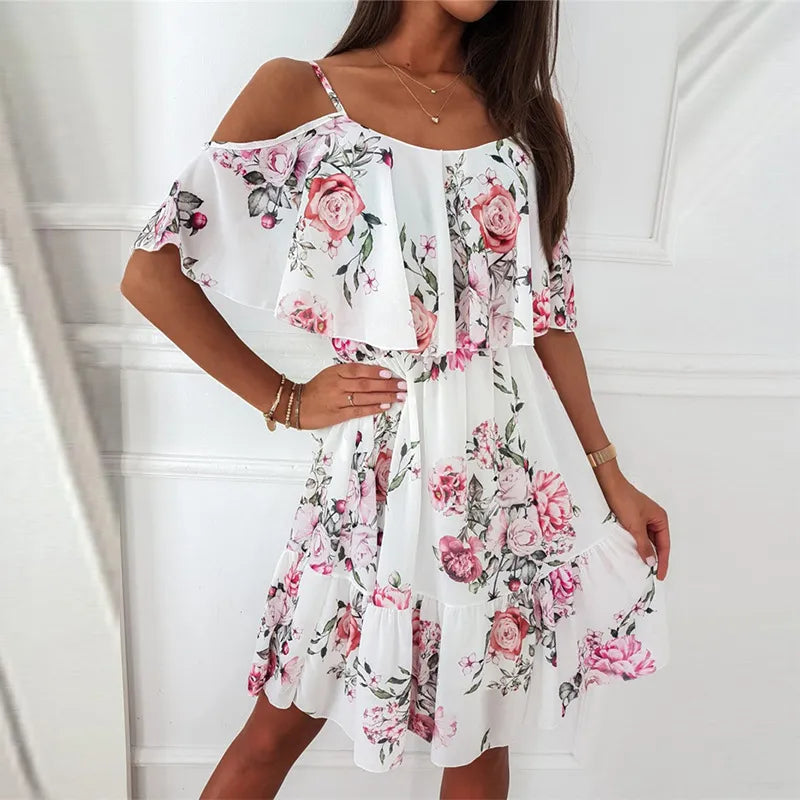 Boho Floral Print Off Shoulder Chiffon Sundress