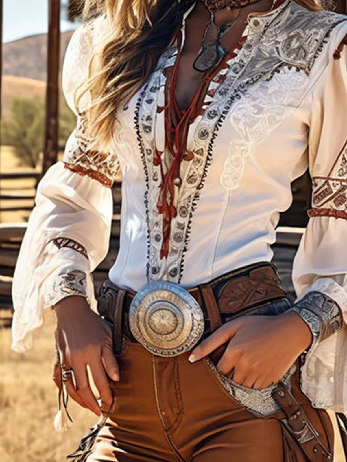 B. Western Print Lace Up V Neck Flare Sleeve Vintage Blouse Lace Patchwork Long Sleeve Design