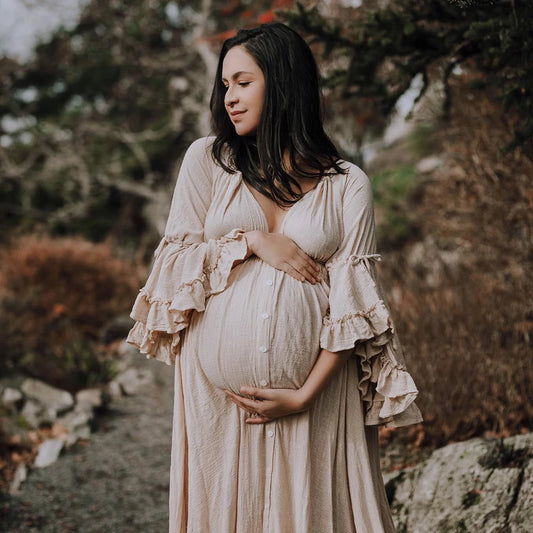 A. Linen Cotton Floor Mopping Bohemian Maternity Dress With Hem Flounce Edges. Photography or Baby Shower Dress