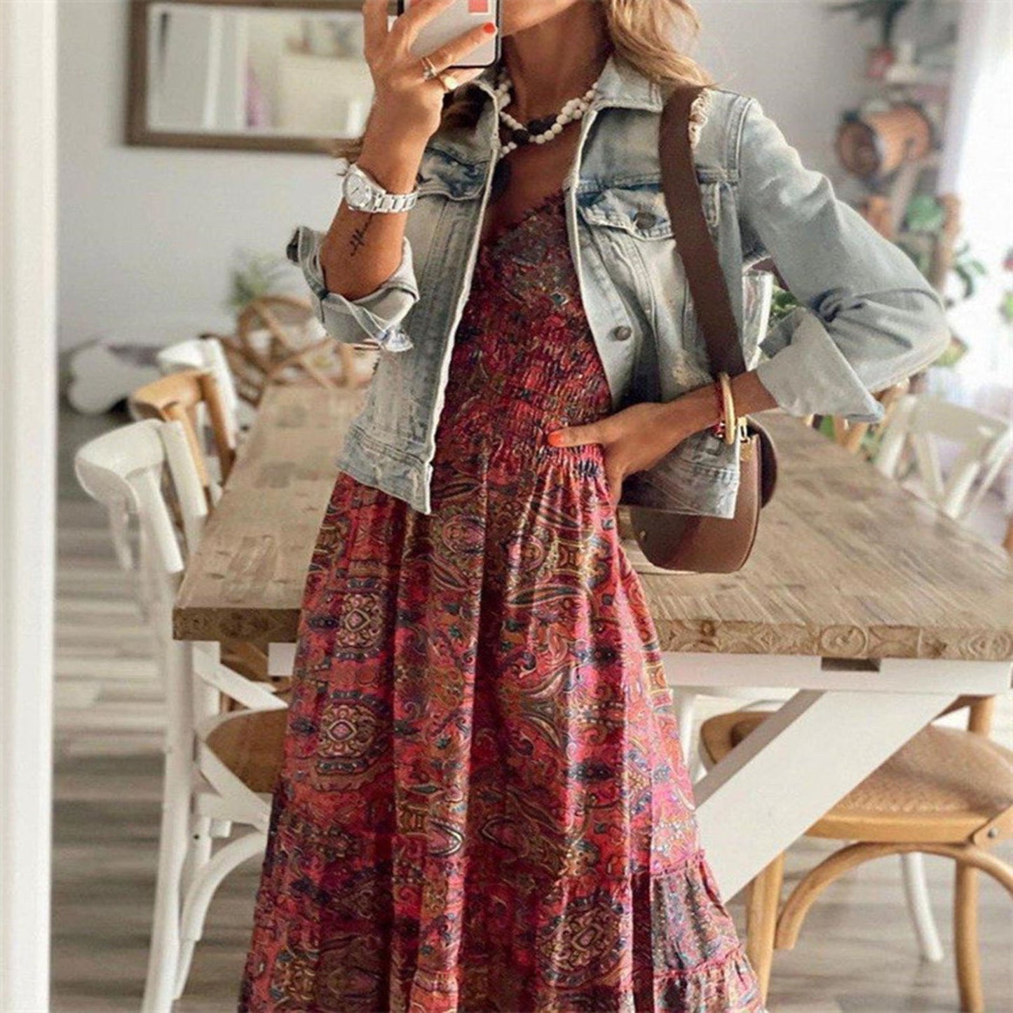 Gypsy / Bohemian V Neck Long Dress with Short Sleeve