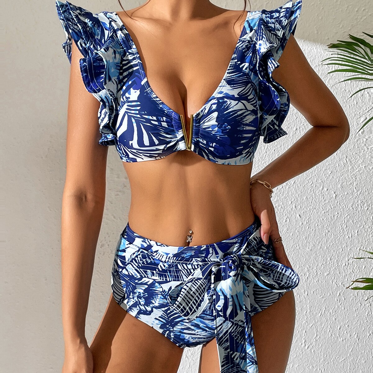 Boho Two-Pieces Women Ruffled Floral Bikini Set, High-Waisted with a Push-Up Padded Bra