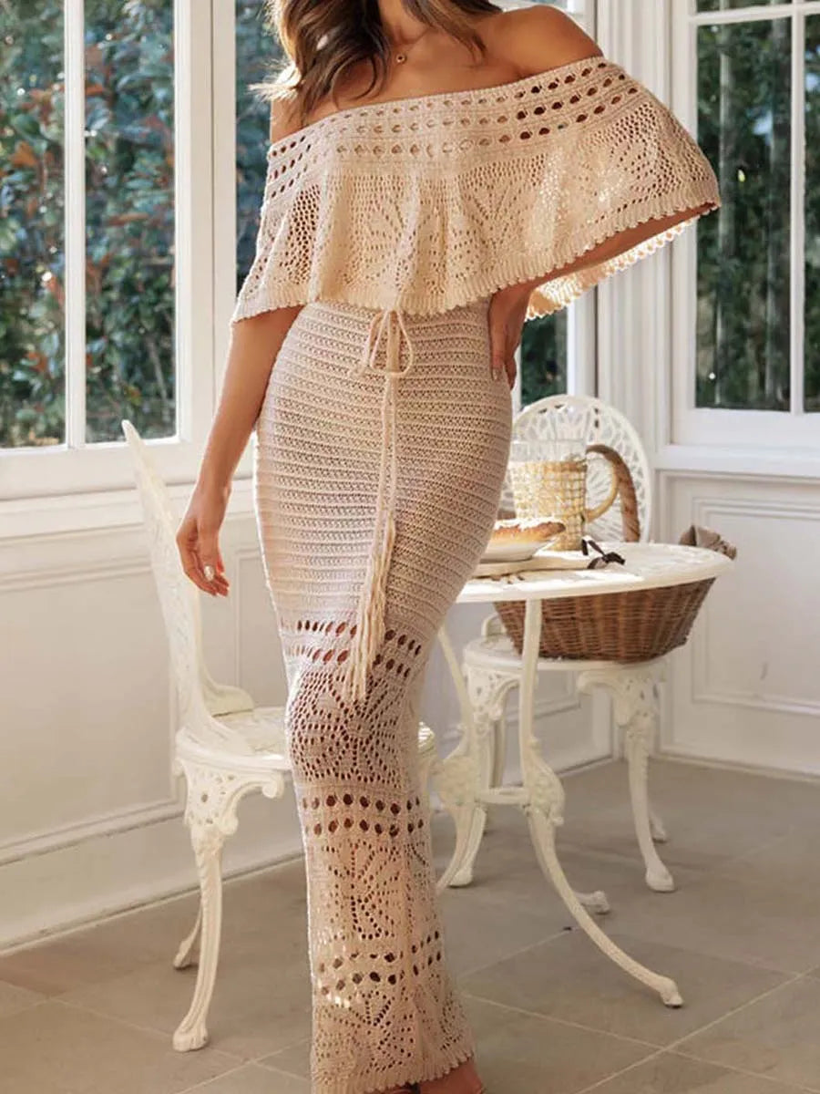 Boho Beach Style Embroidered Off Shoulder Knit Maxi Dress