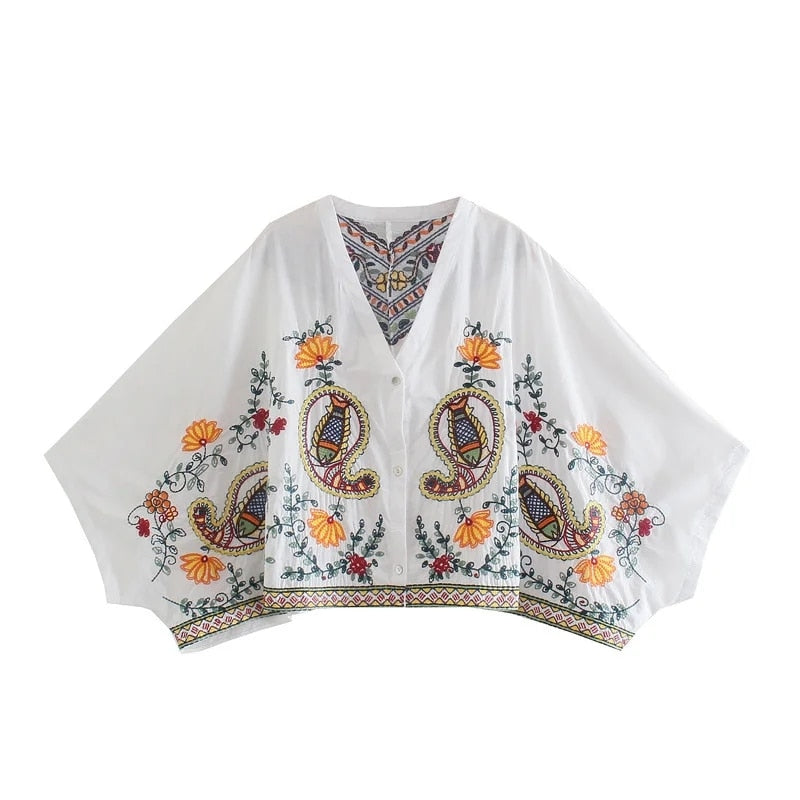 Gypsy Embroidered Paisley Printed Skirt and Blouse Sets with Batwing Sleeve and V-Neck Button Tiered Mini Skirt