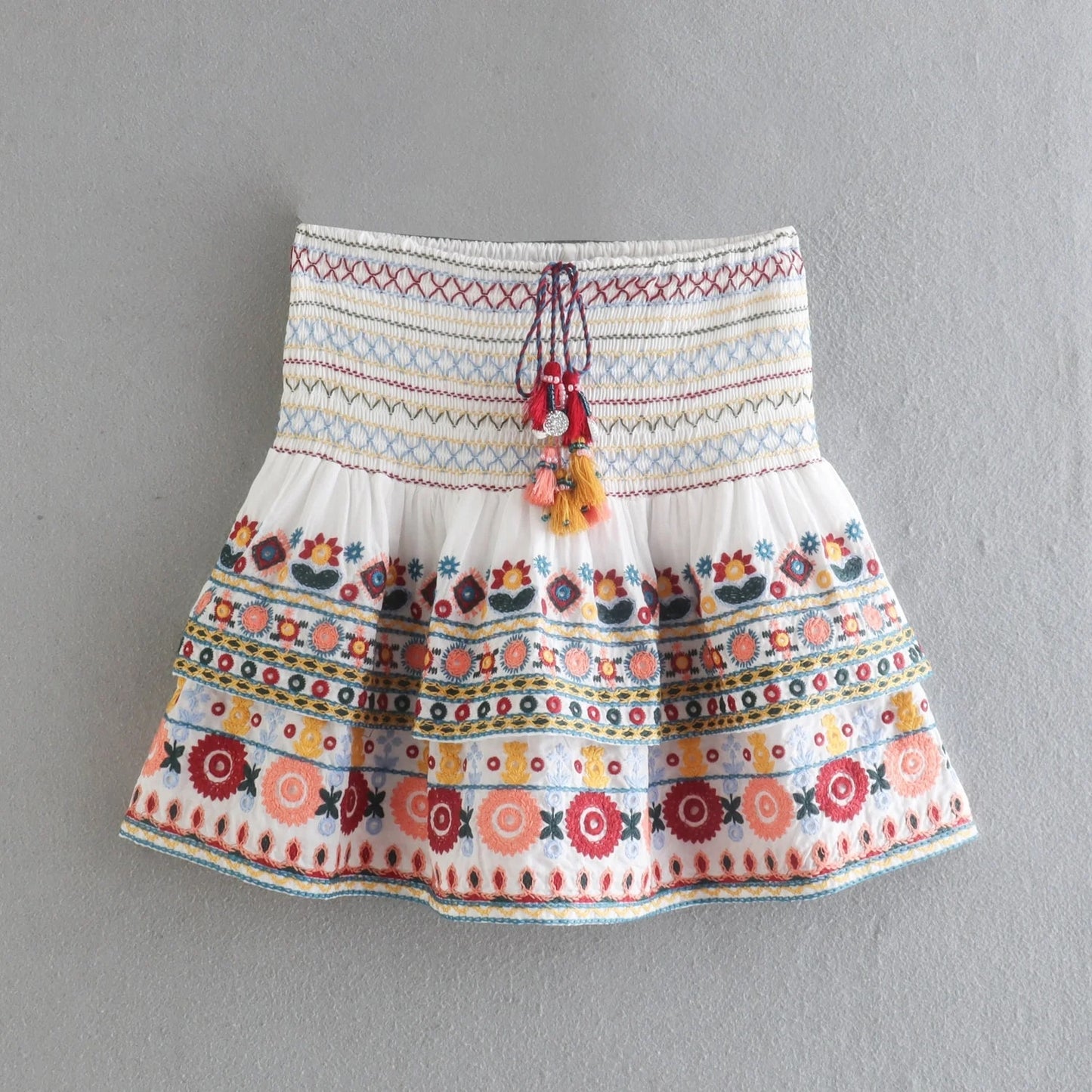 Gypsy Embroidered Paisley Printed Skirt and Blouse Sets with Batwing Sleeve and V-Neck Button Tiered Mini Skirt