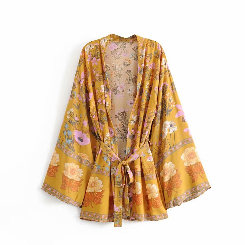 Bohemian Kimono Dresses with Floral Print Sashes Batwing Sleeves and V-Neck (Summer Bikini Boho Cover-ups)
