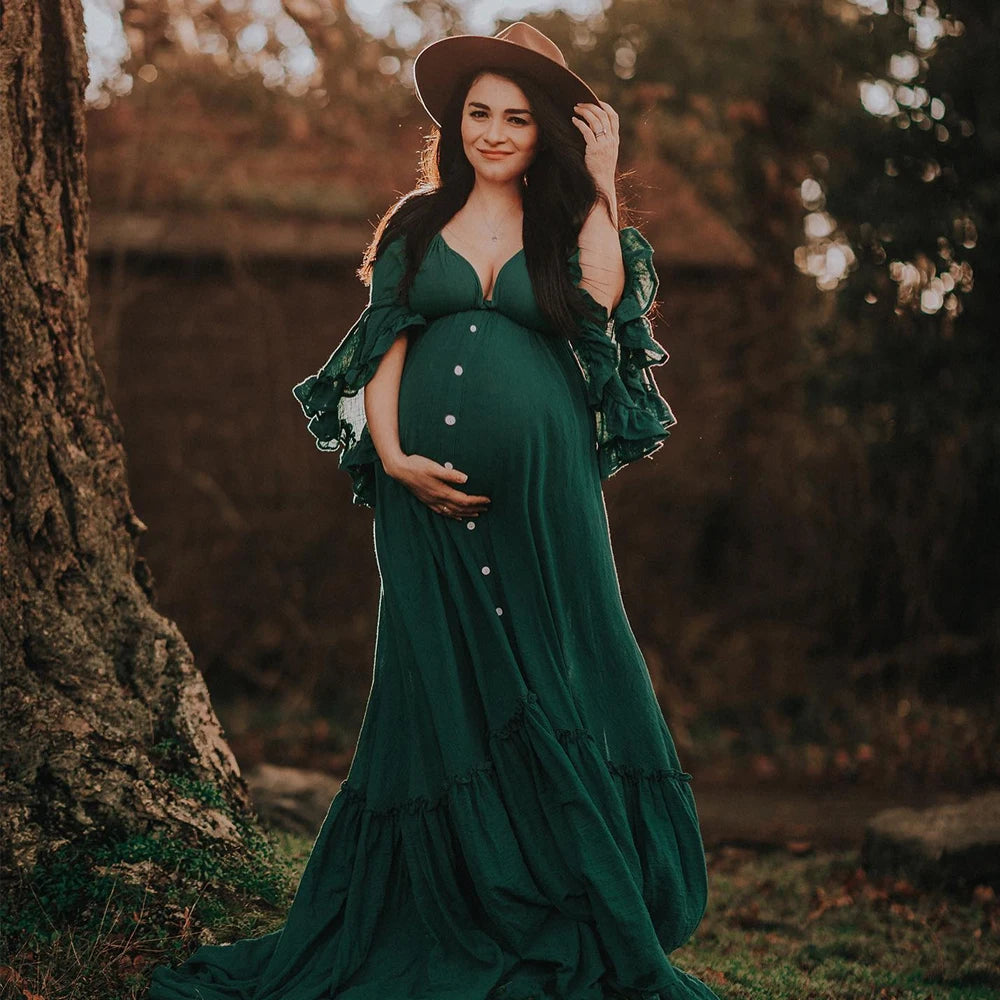A. Linen Cotton Floor Mopping Bohemian Maternity Dress With Hem Flounce Edges. Photography or Baby Shower Dress
