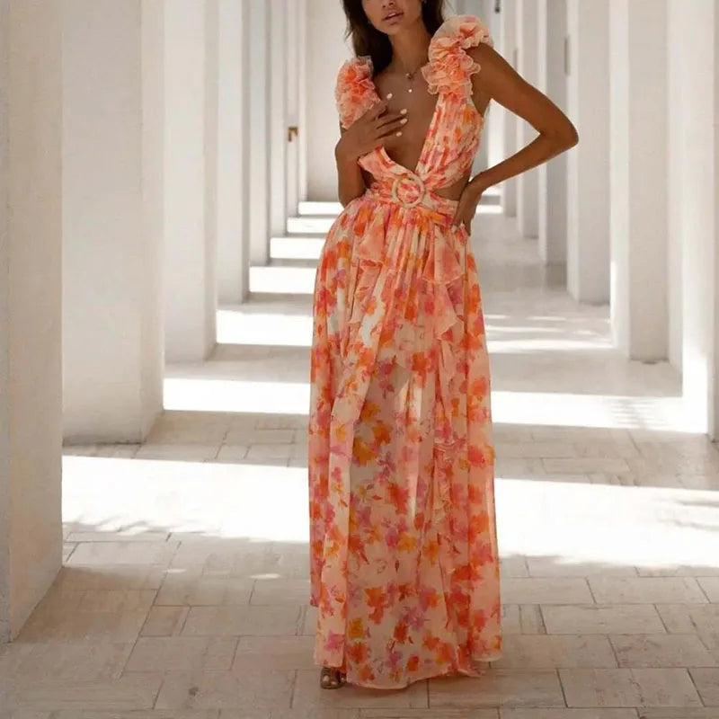 Elegant Floral Shoulder With Deep V-neck, Temperament Waist Ruffle and Tie-up Backless Party Dress