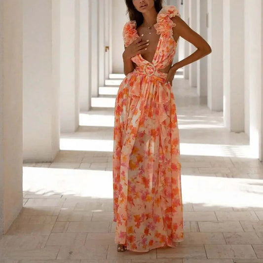Elegant Floral Shoulder With Deep V-neck, Temperament Waist Ruffle and Tie-up Backless Party Dress