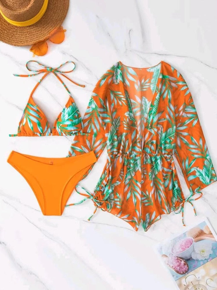Women's 3 Piece Triangle Bikini Swimsuit Set, Halter Push Up Top and Long Sleeve Cover Up Dress with Thong Bottoms