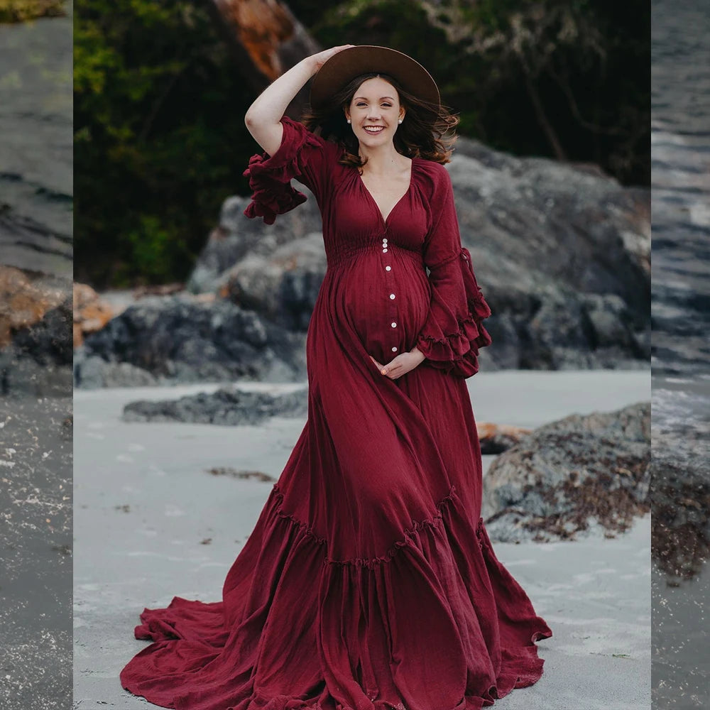 A. Linen Cotton Floor Mopping Bohemian Maternity Dress With Hem Flounce Edges. Photography or Baby Shower Dress