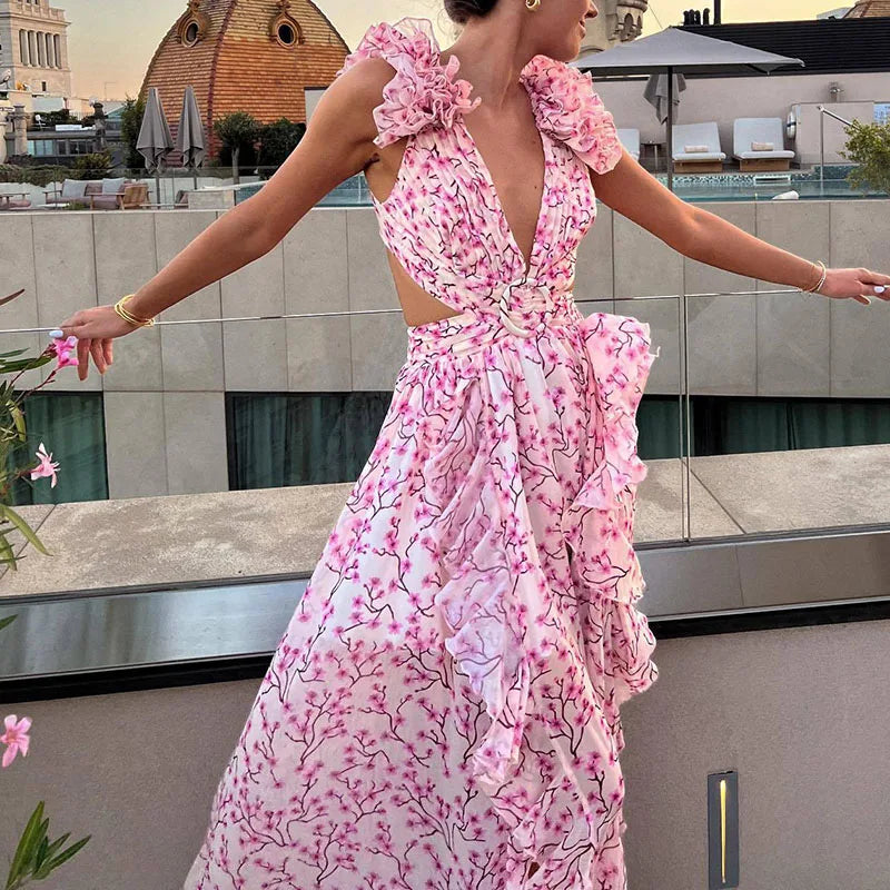 Elegant Floral Shoulder With Deep V-neck, Temperament Waist Ruffle and Tie-up Backless Party Dress