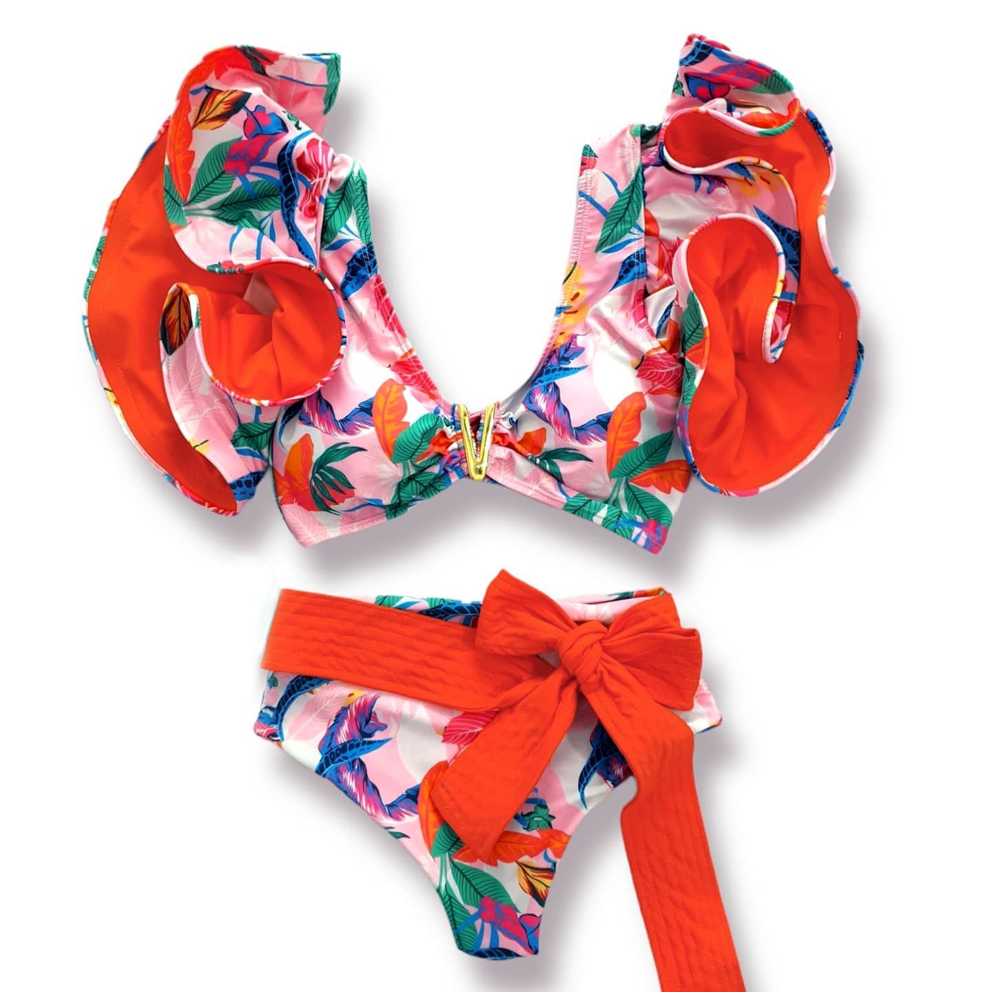 Boho Two-Pieces Women Ruffled Floral Bikini Set, High-Waisted with a Push-Up Padded Bra