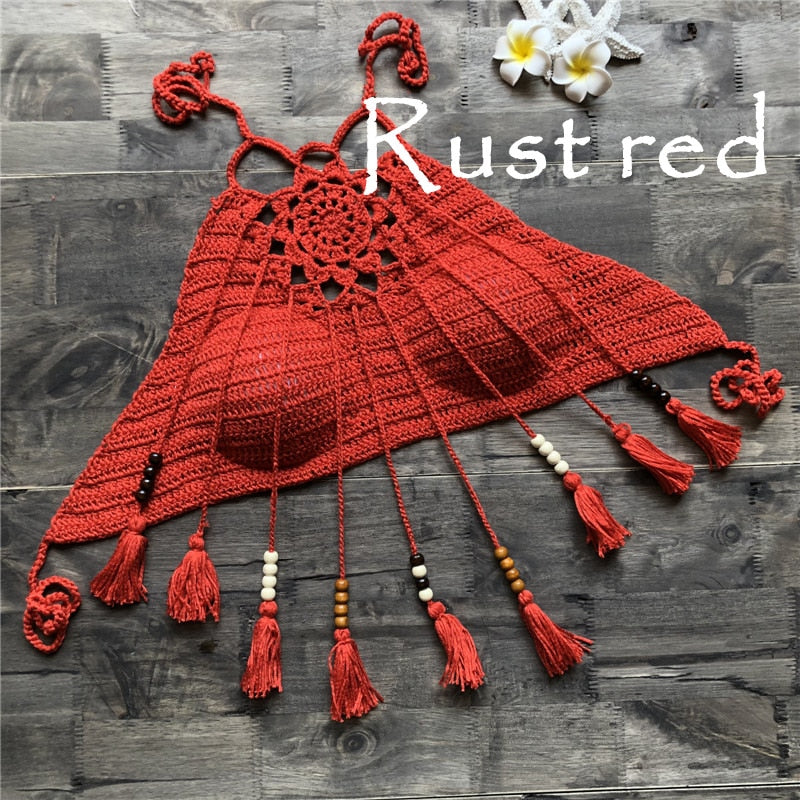 Knitted/ Crocheted Boho Style Halter Bikini Tops with Tassels