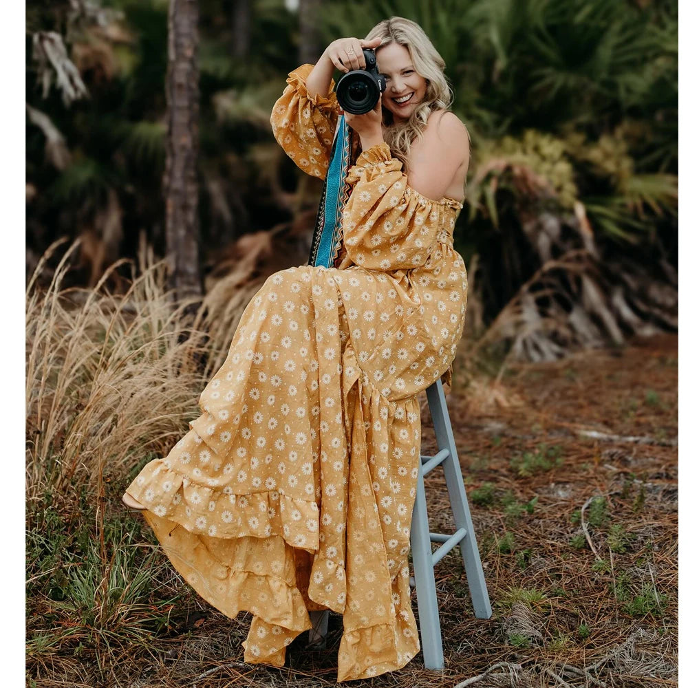 Daisy Printed Cotton Long Sleeved Retro Style Maternity Dress For Photography or Baby Shower Dress