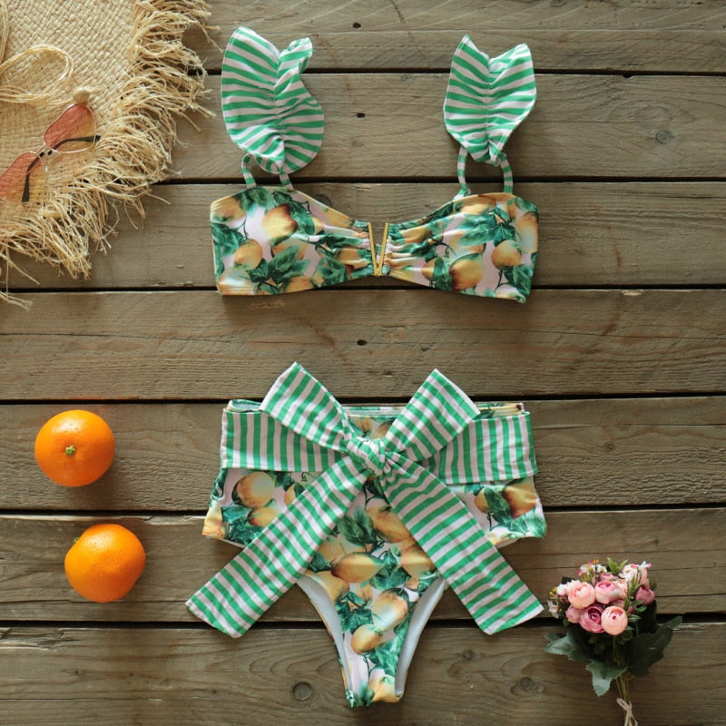 Boho Two-Pieces Women Ruffled Floral Bikini Set, High-Waisted with a Push-Up Padded Bra
