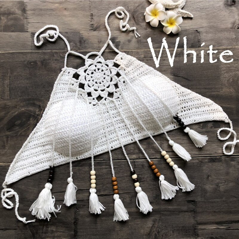 Knitted/ Crocheted Boho Style Halter Bikini Tops with Tassels