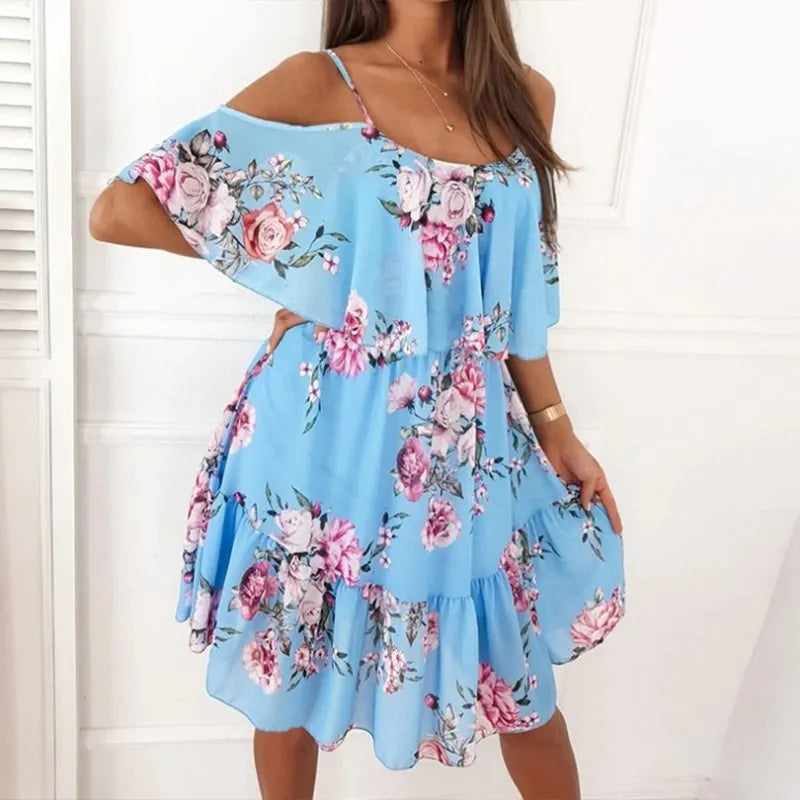 Boho Floral Print Off Shoulder Chiffon Sundress