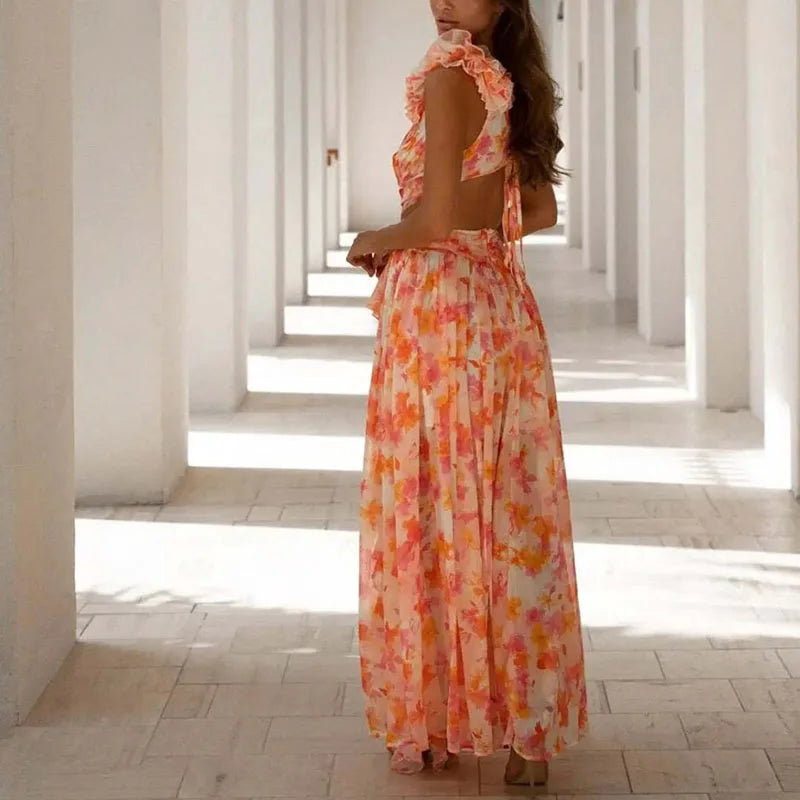 Elegant Floral Shoulder With Deep V-neck, Temperament Waist Ruffle and Tie-up Backless Party Dress