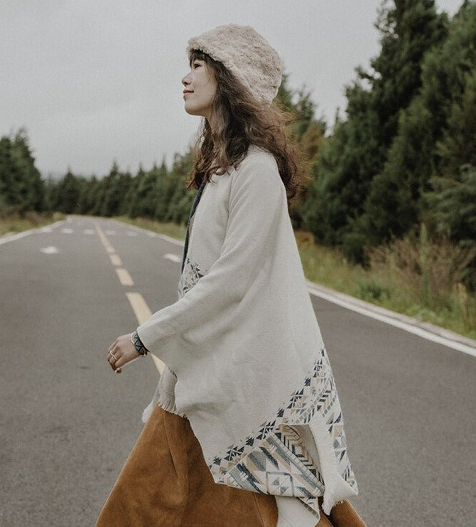 Winter Gypsy/Boho Floral Knitted Poncho Cape with Vintage Aztec Stripe