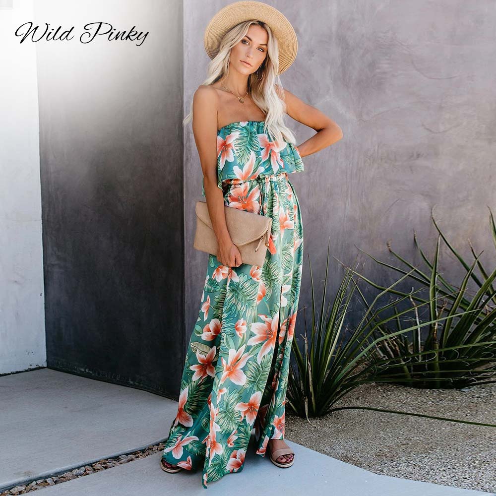 Boho Tropical Rainforest Printed Off The Shoulder Sundress with Side Split