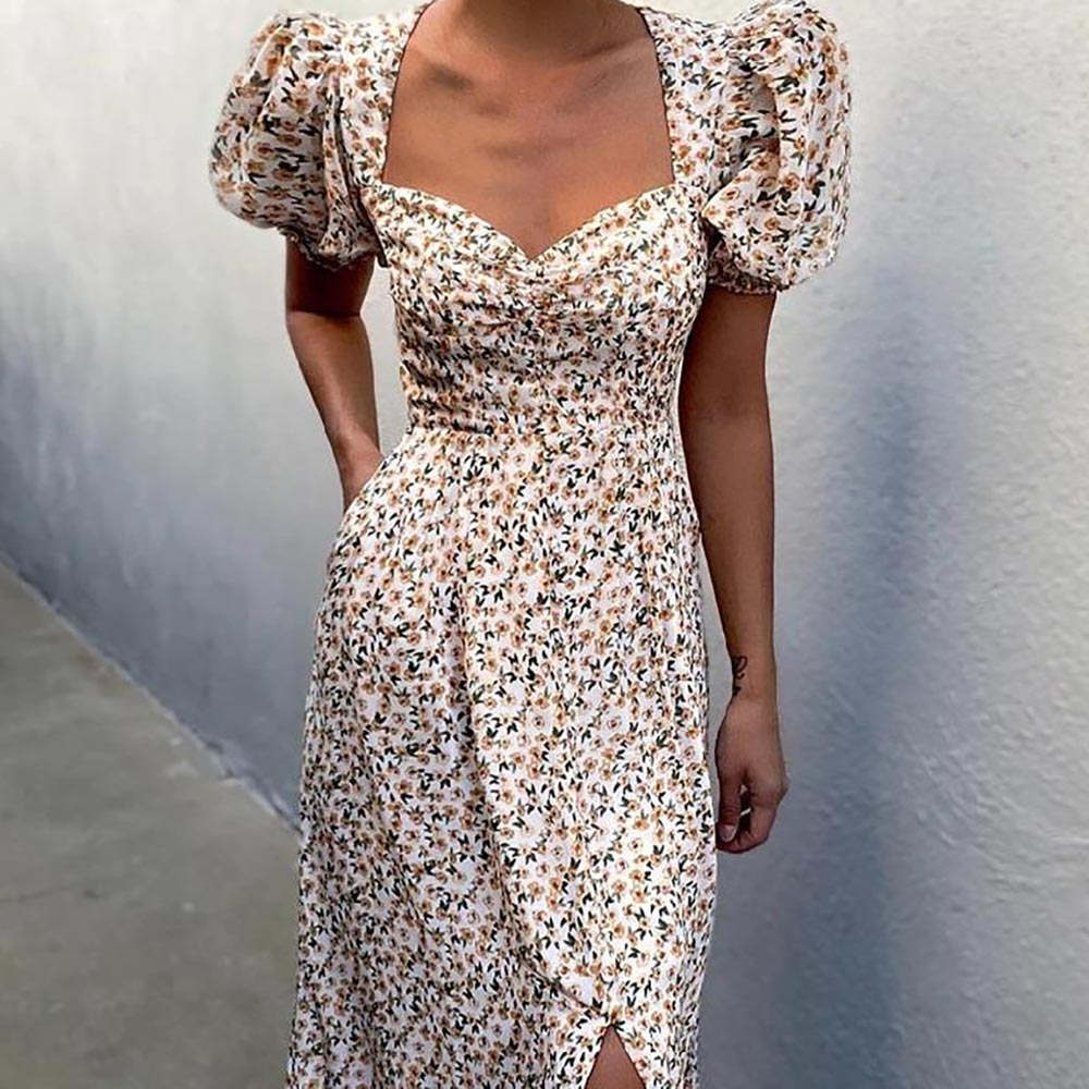 Boho Summer Puff Sleeve Sundress with V-neck and Elegant Side Split