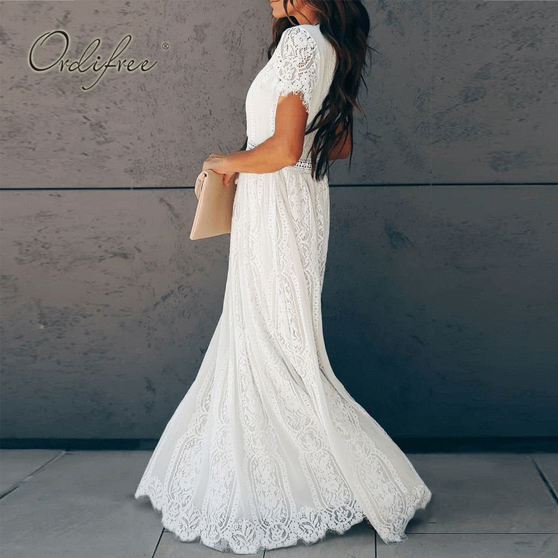 Vintage Women Maxi Dress Short Sleeve White Lace Long Tunic Beach Style