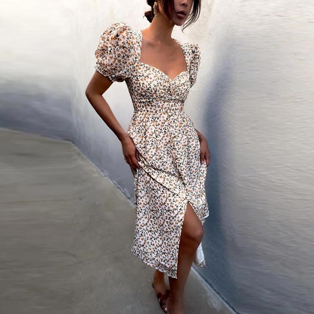 Boho Summer Puff Sleeve Sundress with V-neck and Elegant Side Split