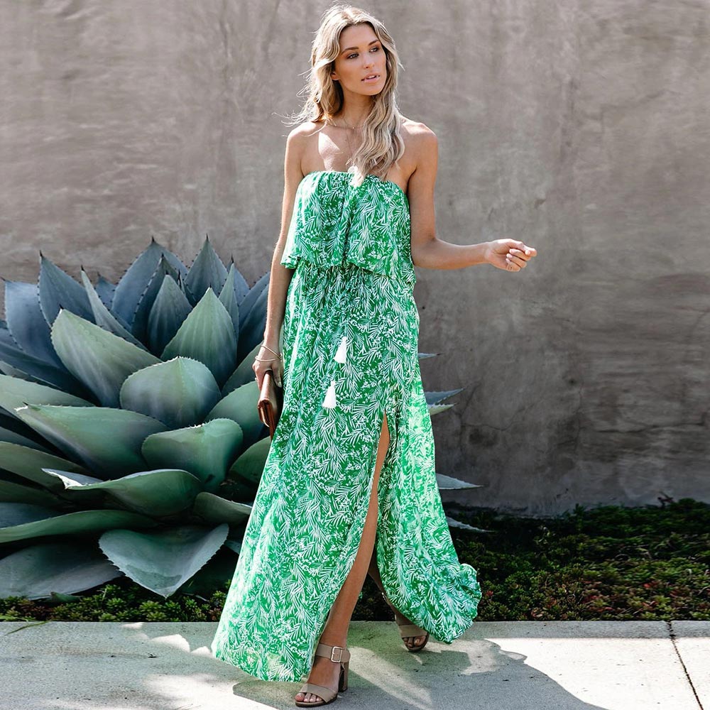 A. Bohemian Strapless Summer Dress with Ruffles & Side Split