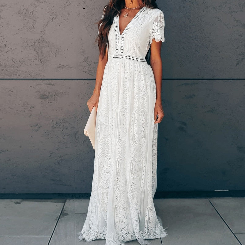 Vintage Women Maxi Dress Short Sleeve White Lace Long Tunic Beach Style