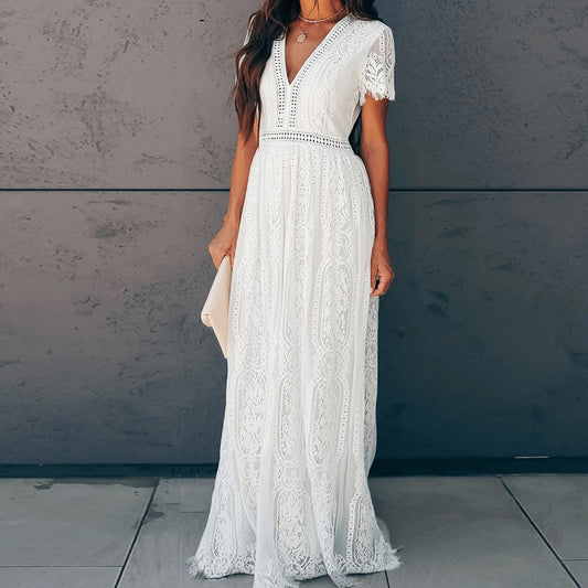 Vintage Women Maxi Dress Short Sleeve White Lace Long Tunic Beach Style
