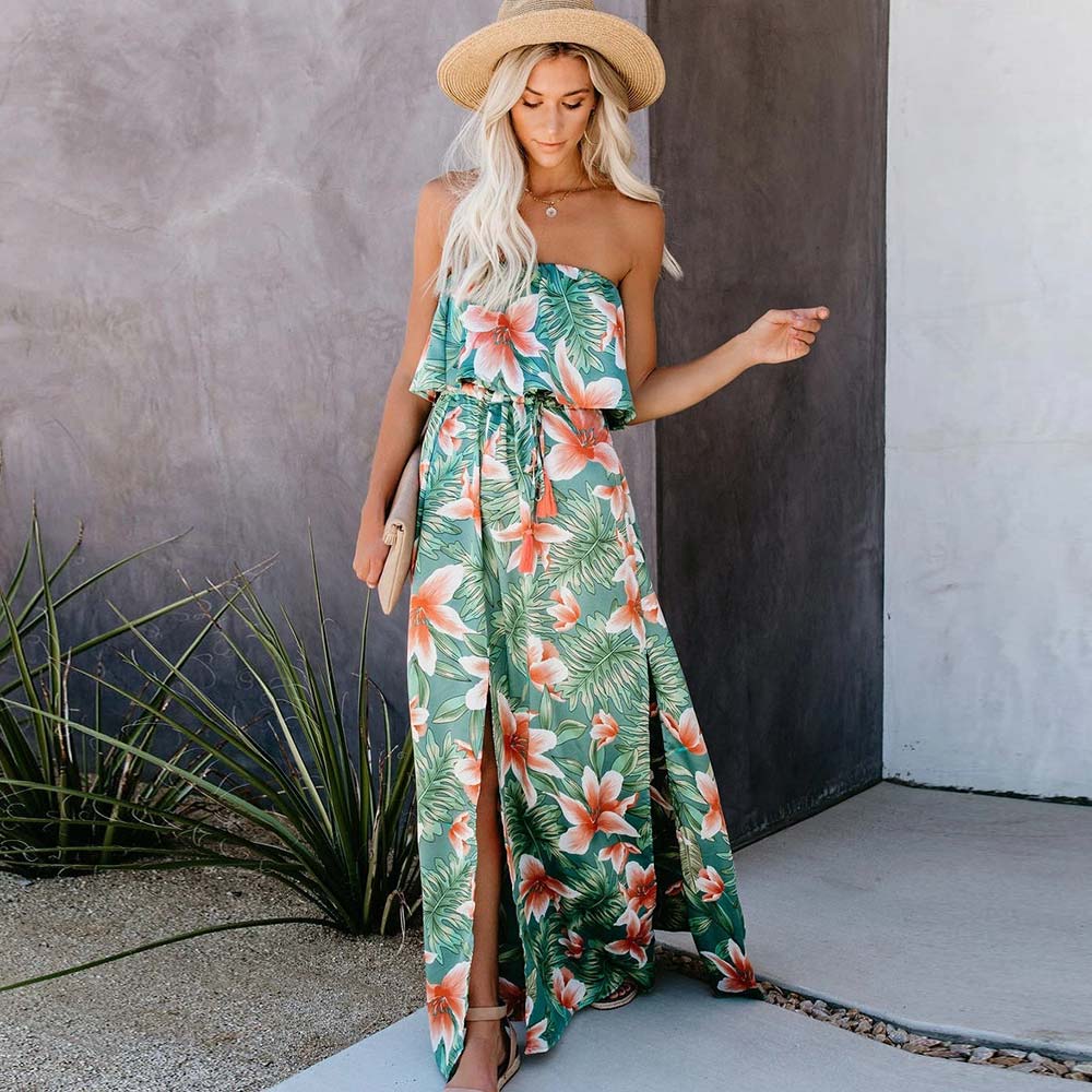 Boho Tropical Rainforest Printed Off The Shoulder Sundress with Side Split