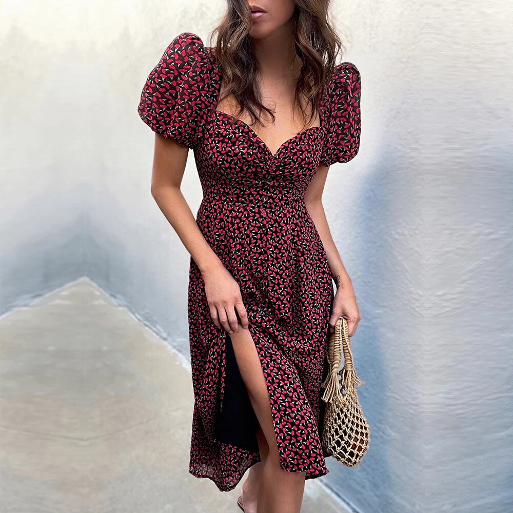 Boho Summer Puff Sleeve Sundress with V-neck and Elegant Side Split
