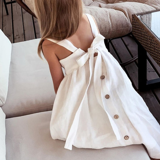 Cotton And Linen Sleeveless Suspender Kids Dresses With Adjustable Shoulder Straps and Casual Pocket (4-6 Years)