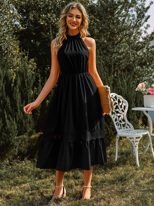 New Summer Lace Spliced Long Dress Women Halter Bow Tie High Waist A-line Casual Sleeveless Beach Dress Vestidos